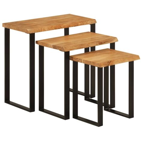 Set de 3 mesas apilables con borde natural madera acacia maciza
