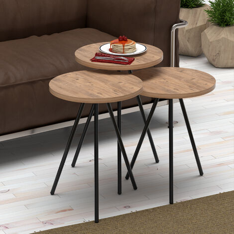 Set de 3 mesas auxiliares Ølgod varios tamaños aglomerado y metal - efecto madera  y negro [en.casa]