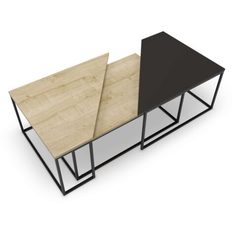 MKRIC Set de 3 mesas de centro Tania acabado roble/negro, 42/41.8cm(alto) 11096cm(ancho) 70/ /60cm(fondo).