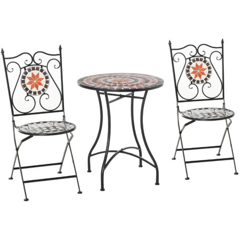 Set de 3 meubles de jardin : 2 chaises pliantes et 1 table basse en métal et céramique