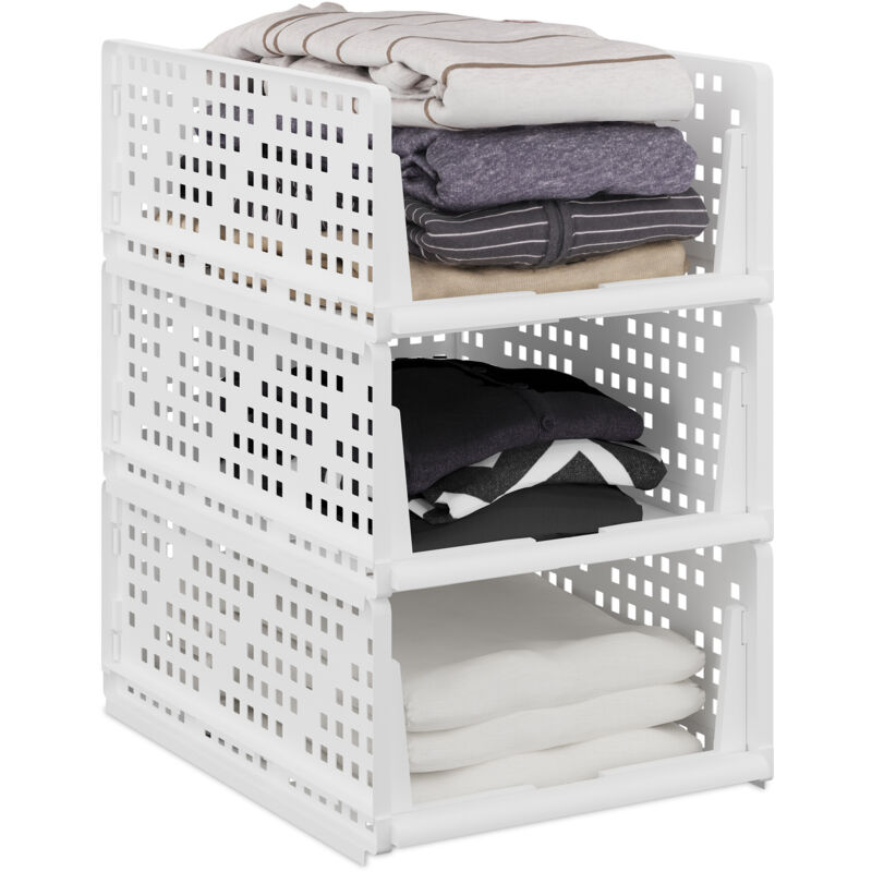Relaxdays Organizadores de Armario, Pack de 3, Cajas de Almacenaje Apilables, Cajones de 18 x 33,5 x 43,5 cm, Blanco