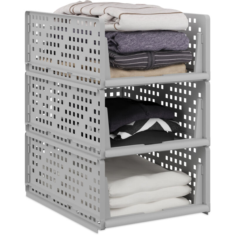 Relaxdays Organizadores de Armario, Set de 3, Cajas Almacenaje Apilables, Extraíbles, Cajones 18 x 33,5 x 43,5 cm, Gris