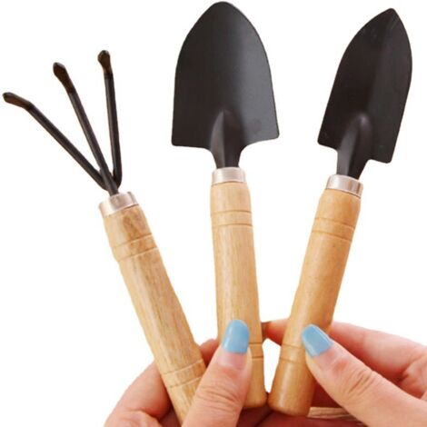 Set de 3 outils de jardin miniatures : pelle, bêche et râteau, manche en bois