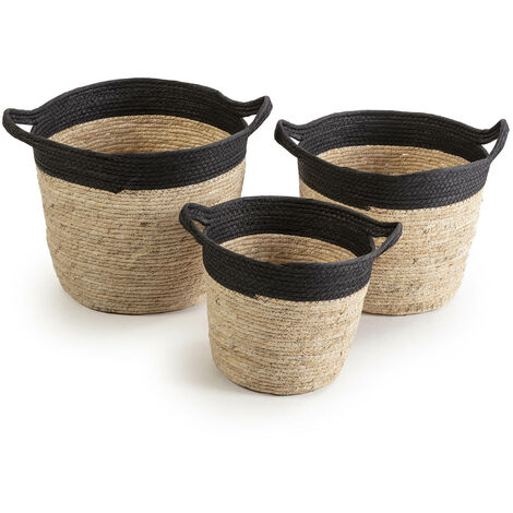 Set de 3 paniers Otilia fibre naturelle et papier, noir/beige