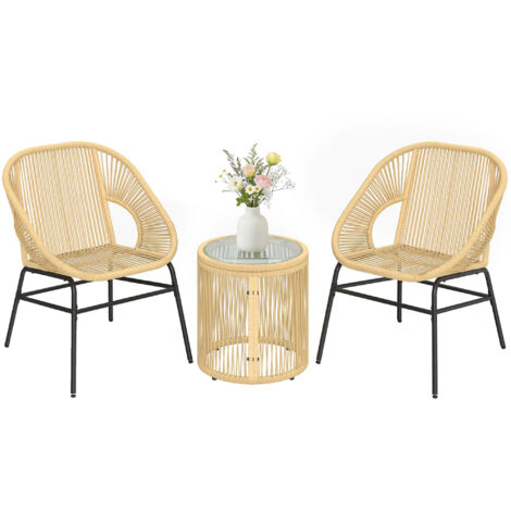 Set de 3 pièces Bistrot en Rotin et Acier avec 2 Chaises, Table Ronde à Plateau en Verre Trempé, Beige