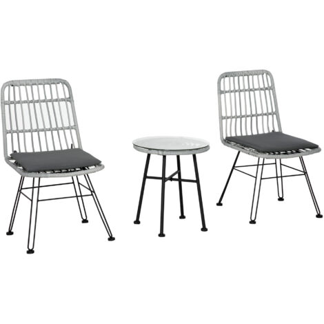 Set de 3 pièces pour jardin en rotin PE et acier, ensemble bistrot avec table de café à plateau en verre et 2 chaises, pour balcon patio cour extérieur, gris
