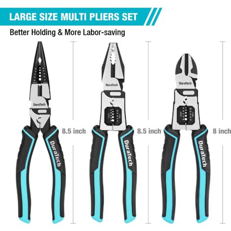 Set de 3 pinces : Grande pince multifonction 6-en-1 (dénudeur, sertisseur et coupe-fil), pince à bec long de 8,5", pince de monteur de 8,5" et pince coupante diagonale de 8"