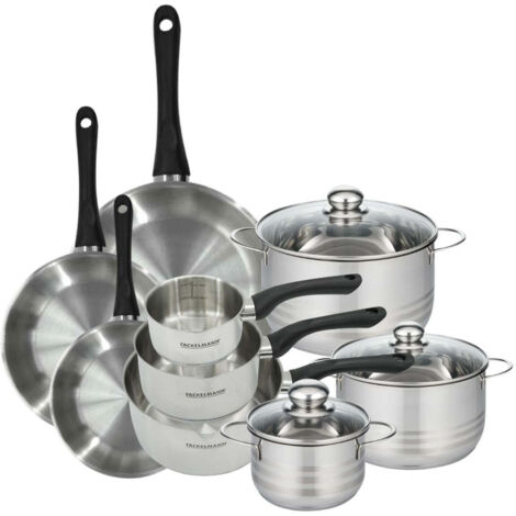 Set de 3 poêles 20 24 28 cm, 3 casseroles 12 16 20 cm et 3 faitouts 16, 20 et 24 cm en inox Fackelmann Geneva