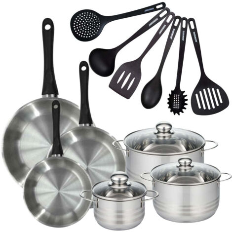Set de 3 poêles 20, 24 et 28 cm en inox, 3 faitouts inox 16, 20 et 24 cm et 6 ustensiles RPET Fackelmann Geneva