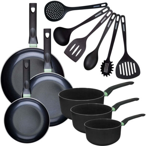 Set de 3 poêles 20 24 et 28 cm et 3 casseroles 16, 18 et 20 cm antiadhésives céramique et 6 ustensiles Fackelmann Brandao