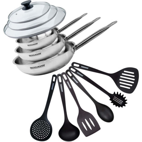 Set de 3 poêles de 20 24 et 28 cm en inox, 3 couvercles en verre et 6 ustensiles Fackelmann Eterna