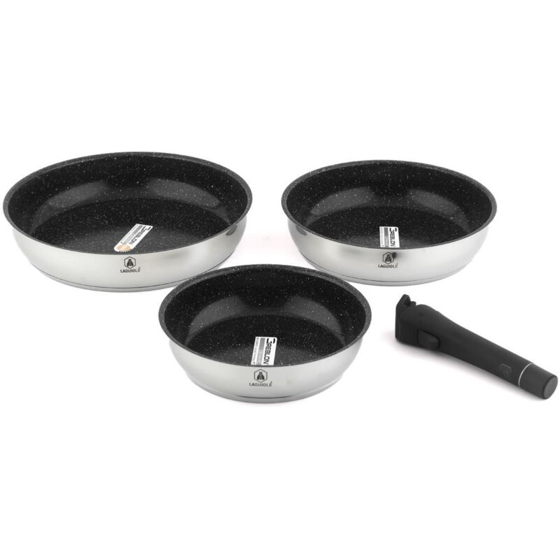 LAGUIOLE CUISSON - Set de 3 poêles inox amovible 20/24/28cm antiadhésif - "Réactif"