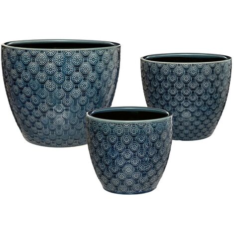 Atmosphera - Set de 3 Pots de fleurs en Céramique Bleue décor Fleur