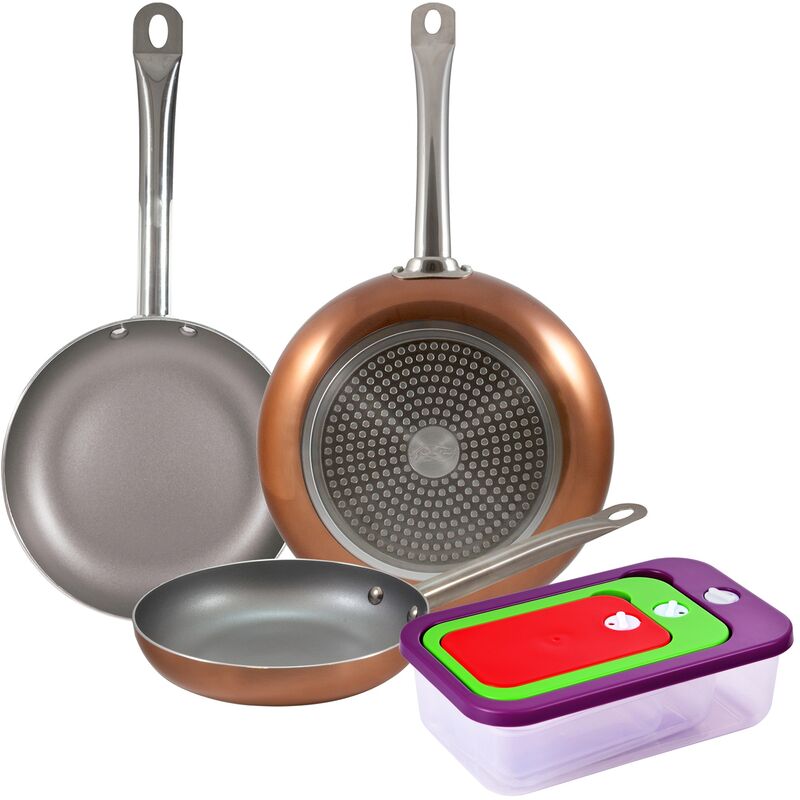 

Set de 3 sartenes Ø18/Ø24/Ø26 cms. aluminio prensado, inducción, con Set 3 contenedores para alimentos, multicolor - San Ignacio