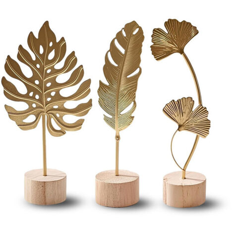 Set de 3 Sculptures Décoratives en Métal Doré - Feuilles de Ginkgo, Monstera et Plume avec Socle en Bois - Décoration de Table Moderne pour Salon, Bureau et Maison - Style Scandinave et Art Déco