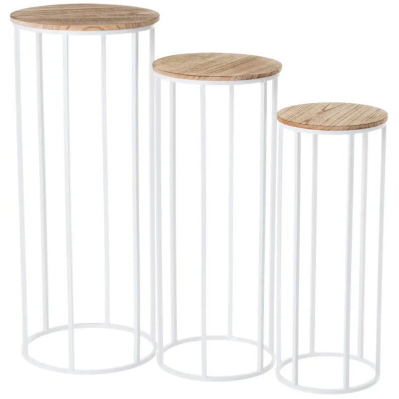 Set de 3 sellettes rondes en métal blanc et plateaux bois 31x31x81cm