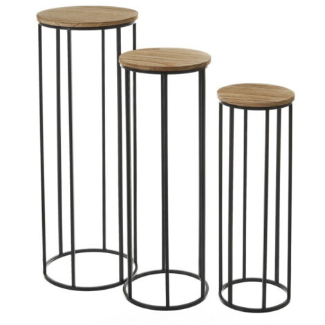 Set de 3 Sellettes Rondes en Métal Noir et Plateaux Bois