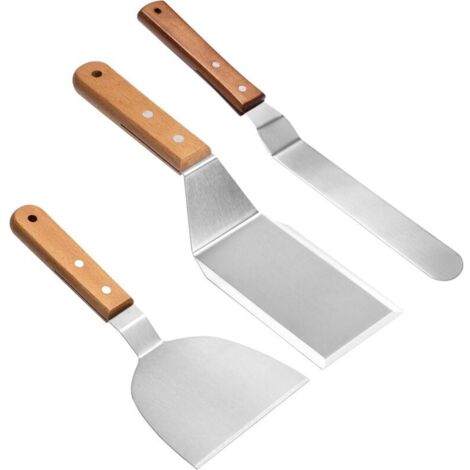 Set de 3 Spatules Professionnelles pour Plancha Poignée en Bois - Spatule à Steak en Acier Inoxydable 26cm avec Grattoir et Spatule Courbe, Argent