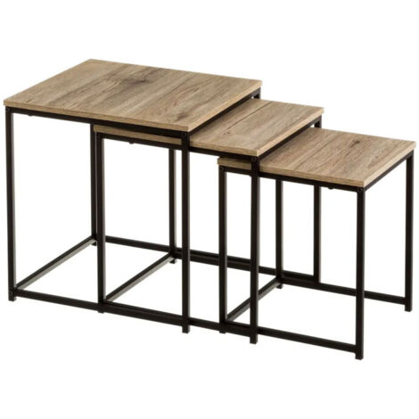 Set de 3 tables basses gigognes bois et métal noir 40x40x42cm