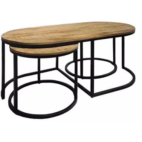 Set de 3 tables basses gigognes en bois de manguier massif – Structure métal noir – Diamètre 50cm et hauteur 47,5cm – Longueur 120cm – Meubletmoi