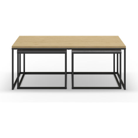 Set de 3 tables basses, tables de salon aspect bois coloris chêne, ciment et métal coloris noir