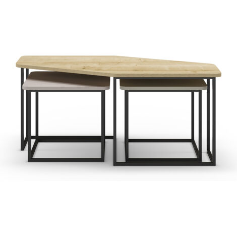 Set de 3 tables basses, tables de salon aspect bois coloris chêne, crème, vert et pieds en métal noir