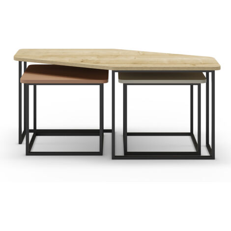 Set de 3 tables basses, tables de salon aspect bois coloris chêne, terracotta, vert et pieds en métal noir