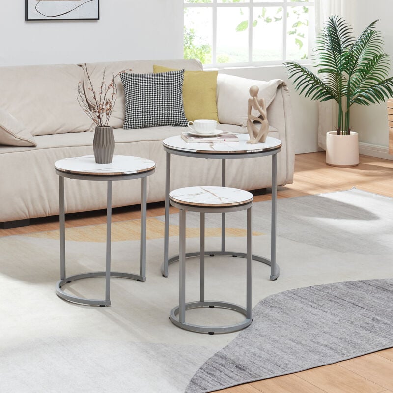 Set de 3 tables d'appoint Bornholm rondes gigognes marbre blanc argent [en.casa]