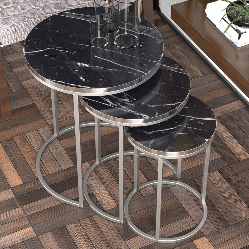 Set de 3 tables d'appoint Bornholm rondes gigognes marbre noir argent [en.casa]