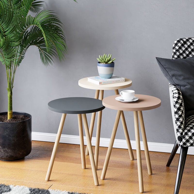 Set de 3 tables d'appoint Hjørring rondes trépied blanc / gris / rose [en.casa]