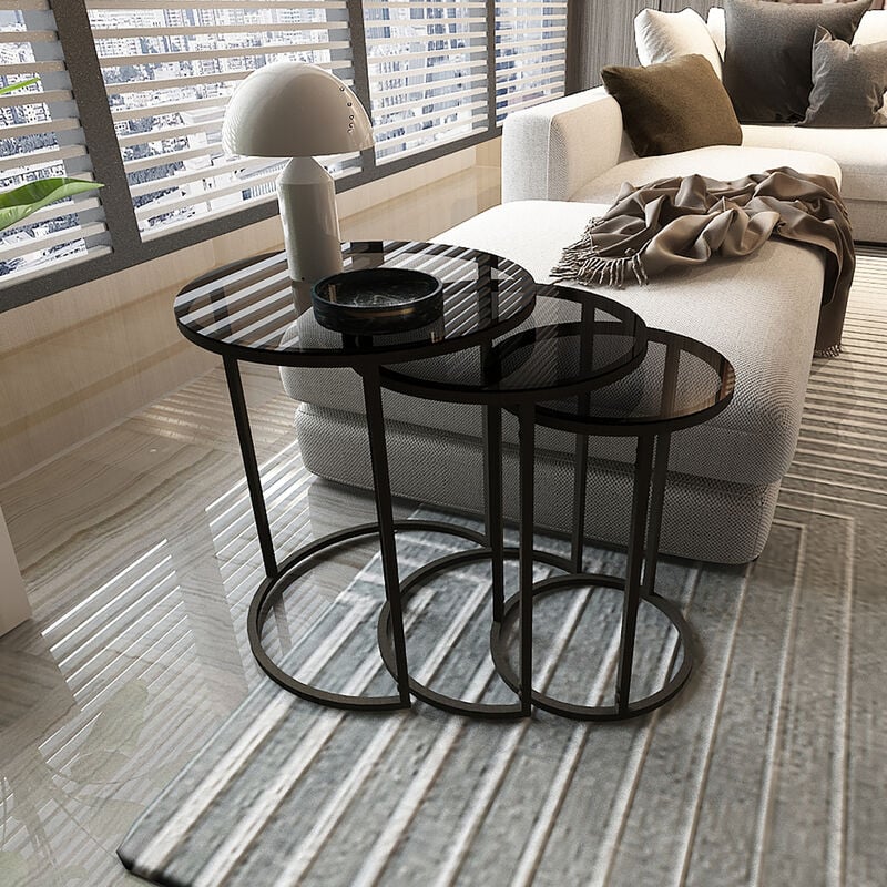 [en.casa] - Set de 3 tables d'appoint Kyyjärvi rondes gigognes verre fumé