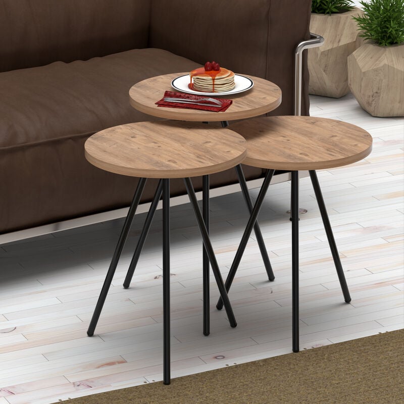 Set de 3 tables d'appoint Ølgod rondes gigognes naturel noir [en.casa]