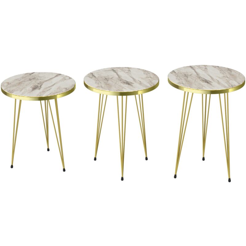 Set de 3 tables d'appoint rondes gigognes marbre blanc or