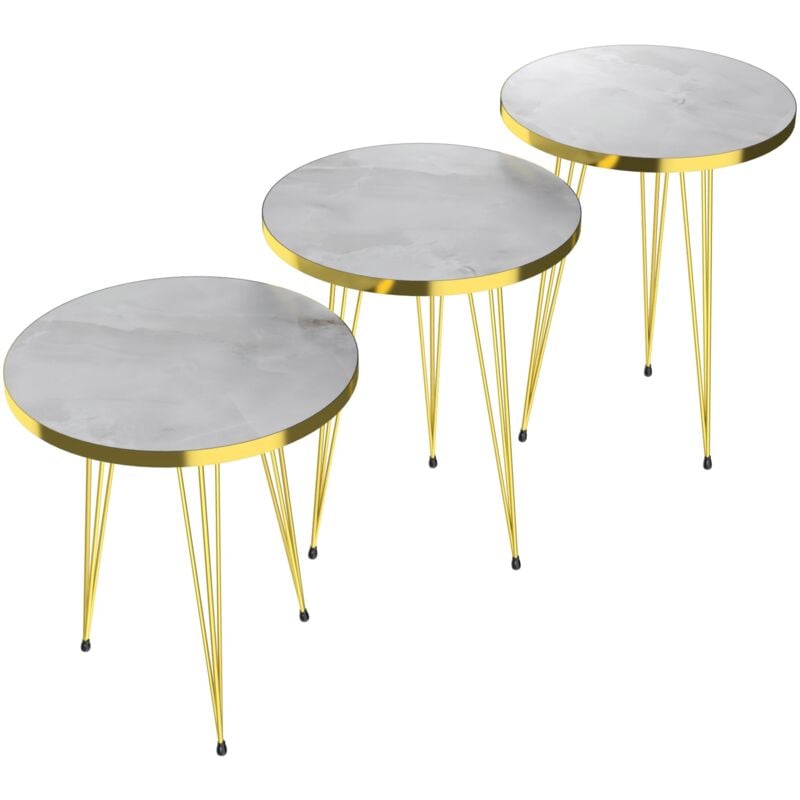 Helloshop26 - Set de 3 tables d'appoint rondes gigognes marbre blanc or