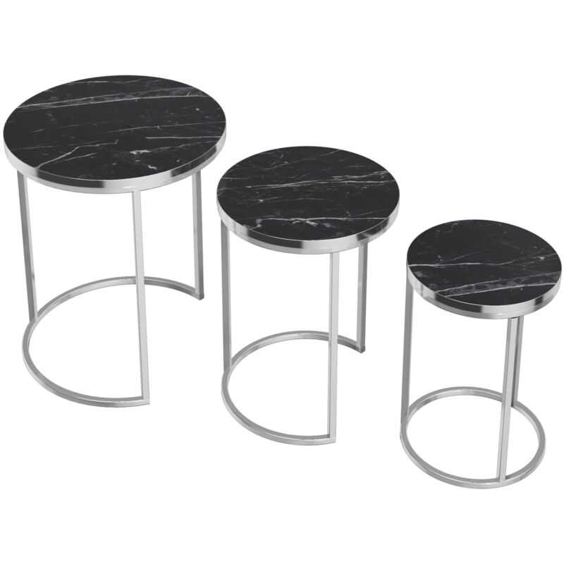 Set de 3 tables d'appoint rondes gigognes marbre noir argent