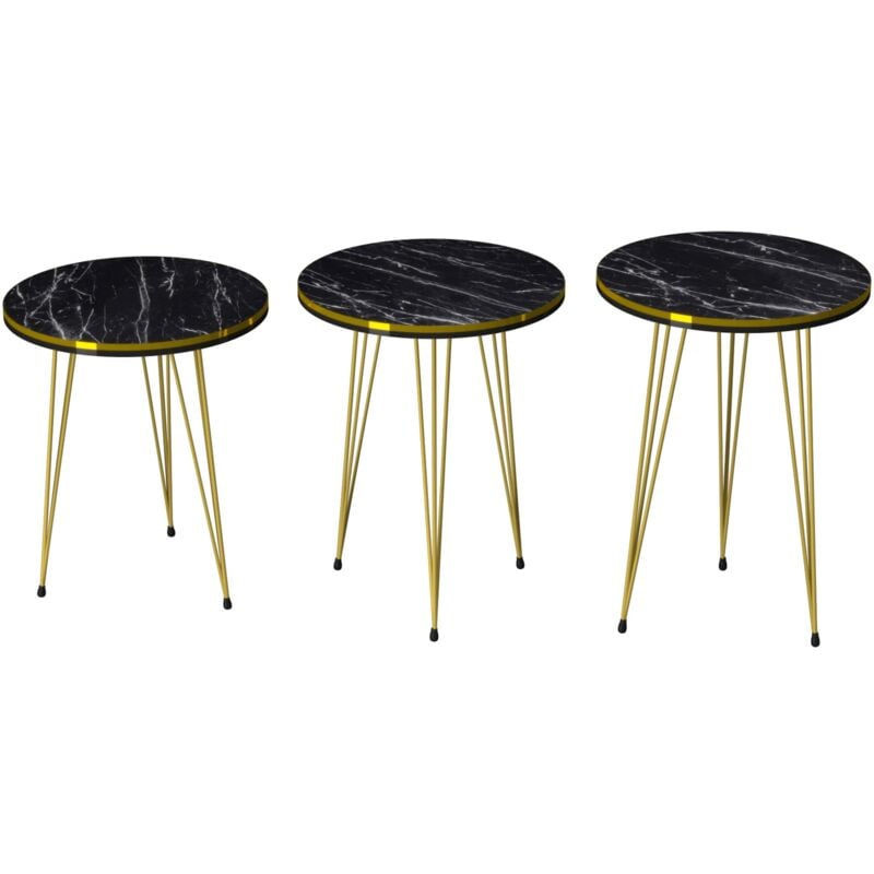 Set de 3 tables d'appoint rondes gigognes noir or