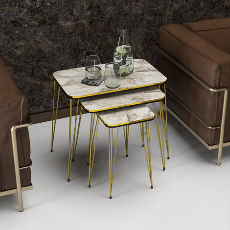 Set de 3 tables d'appoint Rudkøbing rectangulaires gigognes marbre blanc or [en.casa]