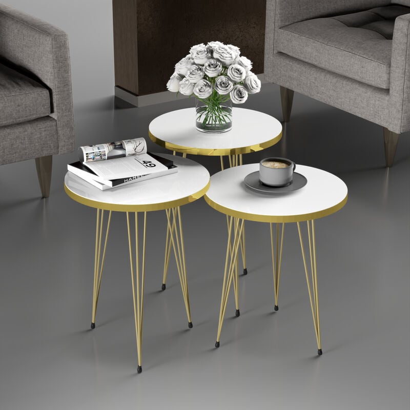 [en.casa] - Set de 3 tables d'appoint Ry rondes gigognes blanc or