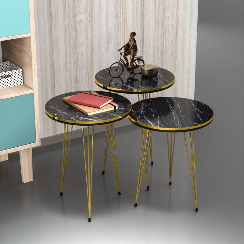 [en.casa] - Set de 3 tables d'appoint Ry rondes gigognes noir or