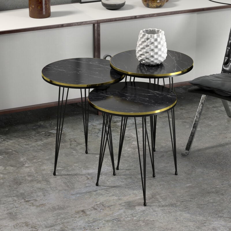 [en.casa] - Set de 3 tables d'appoint Ryslinge rondes gigognes marbre noir or