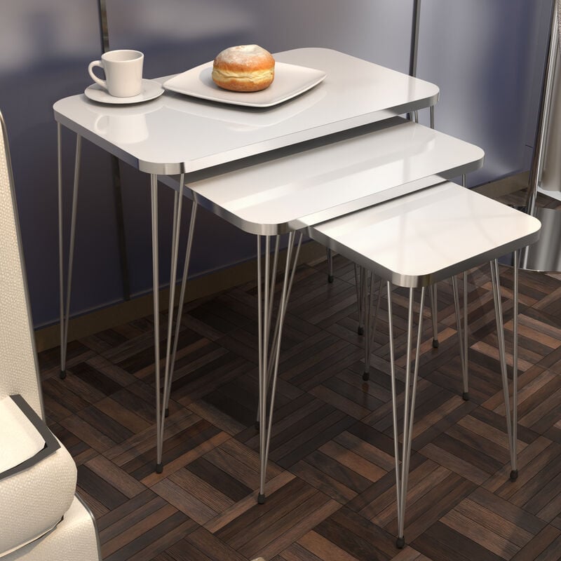 Set de 3 tables d'appoint Samsø rectangulaires gigognes blanc argent [en.casa]