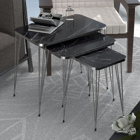 Set de 3 tables d'appoint Samsø rectangulaires gigognes marbre noir argent [en.casa]