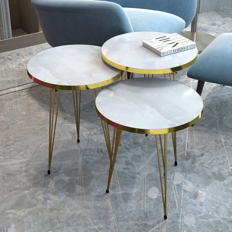 Set de 3 tables d'appoint Skibby rondes gigognes marbre blanc or [en.casa]