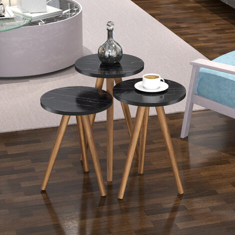 Set de 3 tables d'appoint Snede rondes gigognes marbre noir naturel [en.casa]