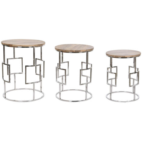 Set de 3 tables d'appoints en bois de manguier coloris naturel et métal argenté