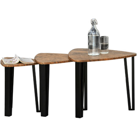Set de 3 tables de salon gigognes encastrables, design industriel, pieds métal noir et plateau imitation bois de noyer