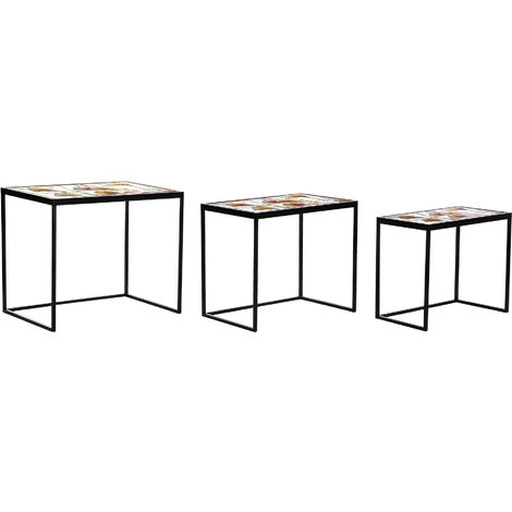 Set de 3 tables gigognes en verre multicolore et métal noir -PEGANE-