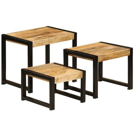 Set de 3 tables gigognes manguier massif clair et pieds métal noir Area