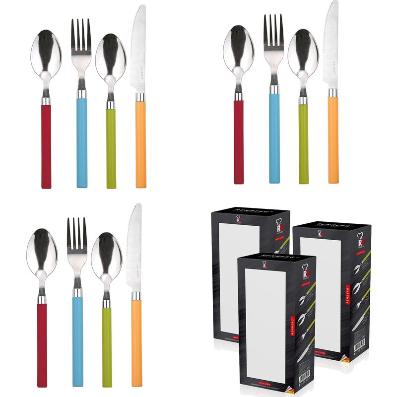 

Set de 3 unidades de CUBERTERIA 24 PIEZAS ACERO INOXIDABLE MODELO HAPPIE COLORS
