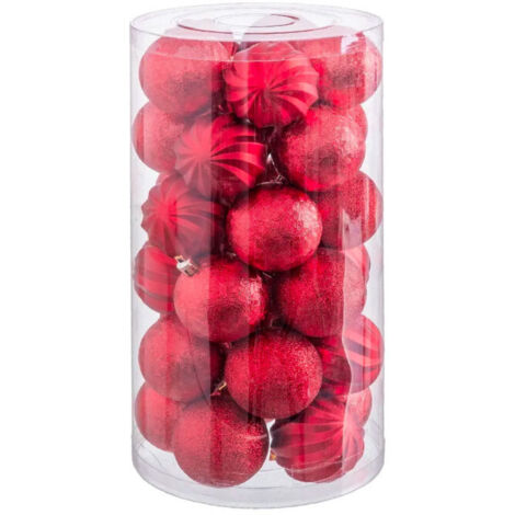Set de 30 boules de Noël rouges mat, brillant, paillettes - 6cm